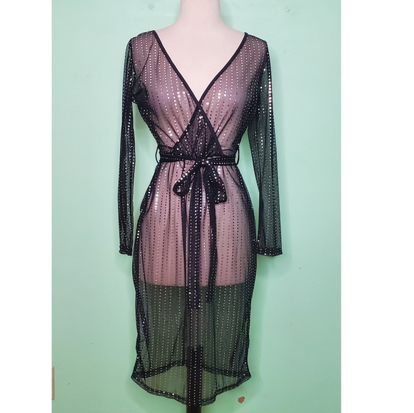 Sheer Black and Silver Metallic Faux Wrap Dress - Picture 2 of 10